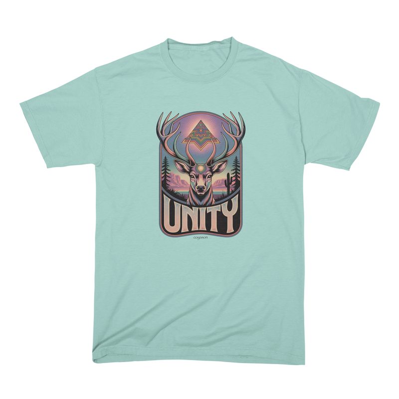 A pale green t-shirt printed with the Unity design, a stag facing forward under a stepped diamond with a desert behind it