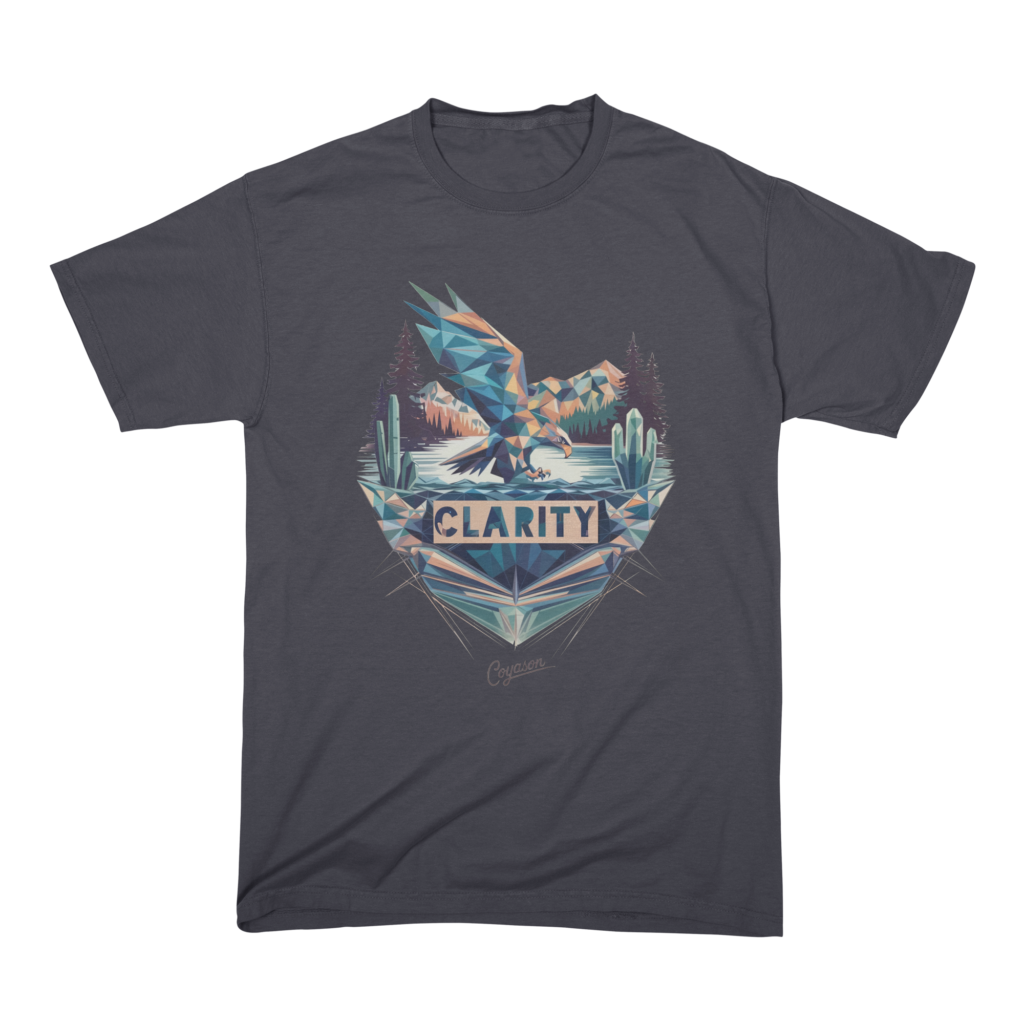 A charcoal t-shirt printed with the Clarity design, a faceted eagle stooping to a mountain lake above the word Clarity